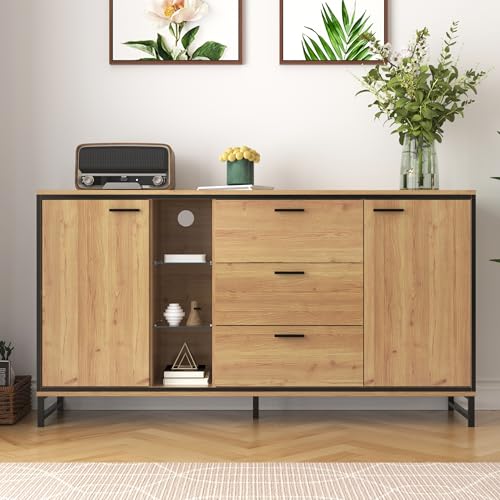 Gelukueub Sideboard mit DREI Schubladen, Exquisite Maserung. Modernes Sideboard in Holzfarbe mit Ablagefächern – stilvolle und funktionale Wohnmöbel. Schwarz und Holzfarbe. von Gelukueub
