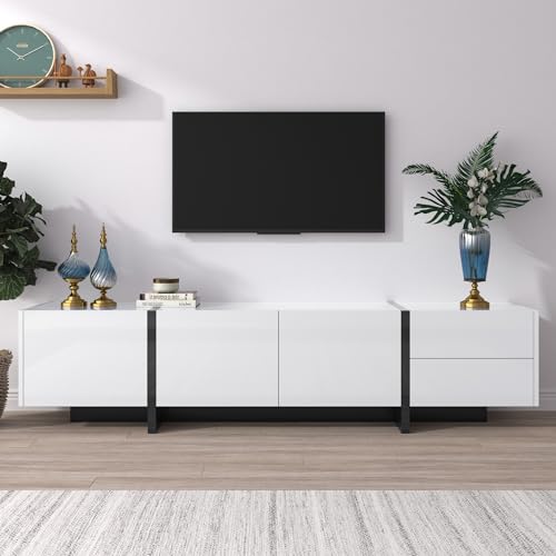 Gelukueub TV-Schrank, lowboard Panel mit farbblockierten Beinen in Hochglanz-Weiß und Schwarz, mit Türen und Schubladen, Türen mit Regalen. Einfaches Liniendesign. von Gelukueub