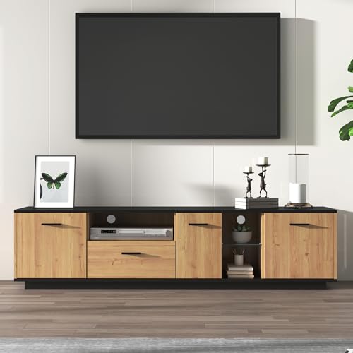 Gelukueub TV-Schrank mit Einer Schublade, DREI Türen, Zwei offene Fächer mit Glas TV-Möbel, TV-Board, TV-Lowboard Feinstruktur. Schwarze und natürliche Holzfarben. 15 Variable LED-Leuchten. von Gelukueub
