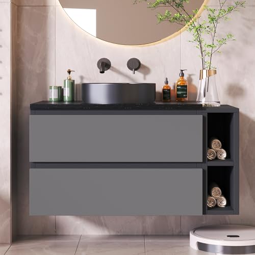 Gelukueub Waschbeckenunterschrank hängend 80cm breit,mit Keramikwaschbecken, mit Schubladen,modernes Design,schwarz-graue von Gelukueub