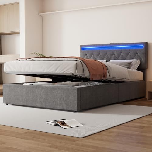 Gepolstertes Bett, Umgebungslicht am Bett, 24-Tasten-Fernbedienung,kann angehoben und abgesenkt Werden, USB- und Typ-C-Steckdose, großer Stauraum (Grau, 140 * 200 cm) von Gelukueub