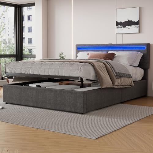 Gepolstertes Bett, Umgebungslicht am Bett, 24-Tasten-Fernbedienung,kann angehoben und abgesenkt Werden, USB- und Typ-C-Steckdose, großer Stauraum (Grau, 160 * 200 cm) von Gelukueub