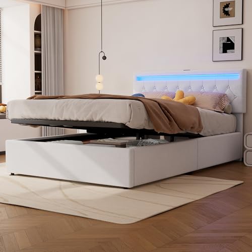 Gepolstertes Bett, Umgebungslicht am Bett, 24-Tasten-Fernbedienung,kann angehoben und abgesenkt Werden, USB- und Typ-C-Steckdose, großer Stauraum (Weiß, 140 * 200 cm) von Gelukueub