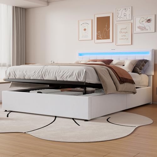 Gepolstertes Bett, Umgebungslicht am Bett, 24-Tasten-Fernbedienung,kann angehoben und abgesenkt Werden, USB- und Typ-C-Steckdose, großer Stauraum (Weiß, 160 * 200 cm) von Gelukueub