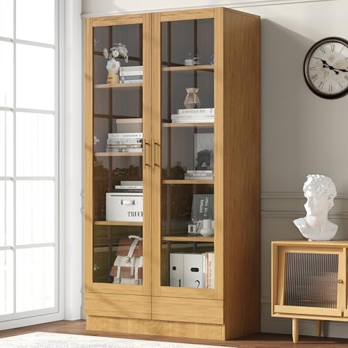 Glasvitrine (Büroschrank/Bücherregal/Aktenschrank/Aufbewahrungsregal) – Versetzte, Nicht verstellbare Fachböden, grifflose Push-to-Open-Schubladen, 80 * 40 * 160 cm, Holzfarbe von Gelukueub