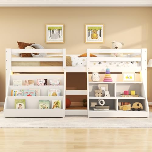 Halbhohes Bett, 90 * 200cm, Mehrere Einlegeböden zur Aufbewahrung, Geländer, Leiter, Kiefernholz, Ohne Matratze, Minimalistischer Stil, Weiß Halbhohes Bett, 90 * 200cm, Mehrere Einlegeböden zur Aufbewahrung, Geländer, Leiter, Kiefernholz, Ohne Matratze, Minimalistischer Stil, Weiß von Gelukueub