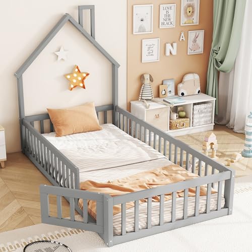 Hausbett, Kinderbett mit Schornsteinform, Bett mit Lattenrost (ohne Matratze), Kiefernholz, Minimalistischer Stil (Grau, 90 x 200 cm) von Gelukueub