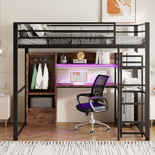 Hochbett, 140x200cm, Metallbett, Mit LED-Leuchten, Schreibtisch, 1 Schubladen, Regale, Geländer, Treppe, ohne Matratze (Schwarz) von Gelukueub