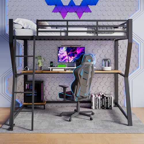 Hochbett, Mit LED-Leuchten, Computerkonsolenablage, Schreibtisch, Steckdose+USB, Geländer, Treppe, ohne Matratze (Schwarz, 90 * 200cm) von Gelukueub