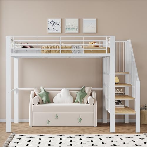 Hochbett 140 x 200 Stabile Metallkonstruktion mit geräumigem Stauraum unter dem Bett und Treppe Ideal für Kinder und Erwachsene Stauraumbett für maximale Platzeffizienz (weiß) von Gelukueub