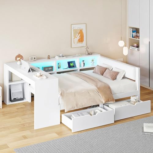 Holz-Plattformbett mit Ablageflächen, Schubladen, Ladestation und gepolstertem Kopfteil, Mit bunten LED-Leuchten, Weiß (140x200cm) von Gelukueub