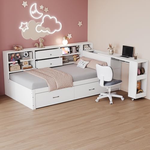 Holzschlafsofa 90 x 200 cm, multifunktionaler Stauraum, verdeckte Staufächer und Regale, 2 große Schubladen, Multifunktionssteckdose, ausziehbarer Schreibtisch, Einzelbett, Jugendbett, Holzbett, weiß Holzschlafsofa 90 x 200 cm, multifunktionaler Stauraum, verdeckte Staufächer und Regale, 2 große Schubladen, Multifunktionssteckdose, ausziehbarer Schreibtisch, Einzelbett, Jugendbett, Holzbett, weiß von Gelukueub