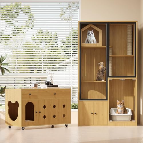 Katzenvilla + Katzentoilette-Schrank, Haustiermöbel-Set, Glas-Katzenhaus, Katzenstreu-Schrank, für mehrere Katzen geeignetes Möbel, Gelbe Ahornholzfarbe Katzenvilla + Katzentoilette-Schrank, Haustiermöbel-Set, Glas-Katzenhaus, Katzenstreu-Schrank, für mehrere Katzen geeignetes Möbel, Gelbe Ahornholzfarbe von Gelukueub