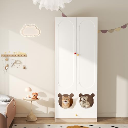 Kinderkleiderschrank mit Bügelstange, mit Katzenbett, Lackierte Platten + Spanplatte, Bunte Keramikgriffen, 80×50×200cm, für Schlafzimmer geeignet (Weiß + Naturholzfarbe) von Gelukueub