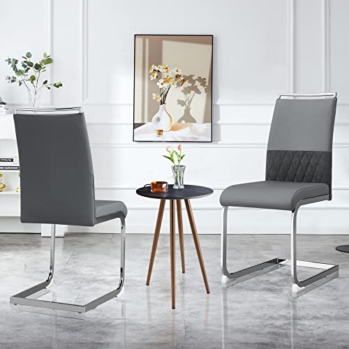 Moderne Esszimmerstühle, Rücklehne aus PU Kunstleder und Leinen, hoher Rücken gepolstert Side Chair, Querstreifen Rückenlehne Design für Esszimmer, Küche, Gast Bürostuhl (grau 2er Set) von Gelukueub