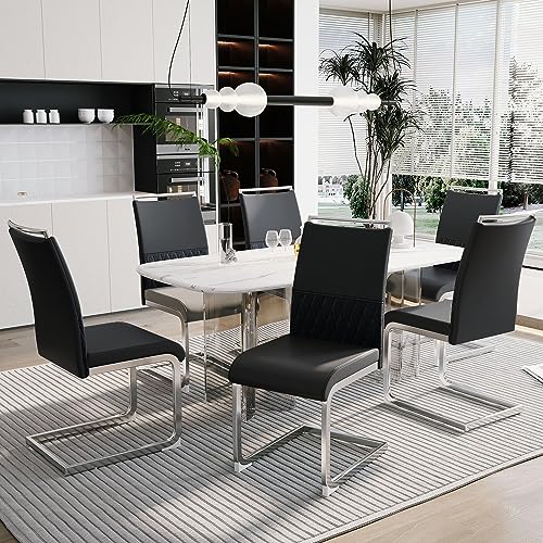 Moderne Esszimmerstühle, Rücklehne aus PU Kunstleder und Leinen, hoher Rücken gepolstert Side Chair, Querstreifen Rückenlehne Design für Esszimmer, Küche, Gast Bürostuhl (schwarz 6er Set) von Gelukueub