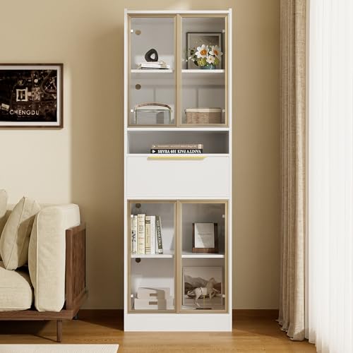 Moderner Weißer Hochschrank mit 16-Farb-LED & Bluetooth – 60×35×180cm – Vitrine mit Glasfront & Schublade – Stauraum & Beleuchtung für Wohnzimmer, Büro oder Schlafzimmer – MDF & Sicherheitsglas von Gelukueub