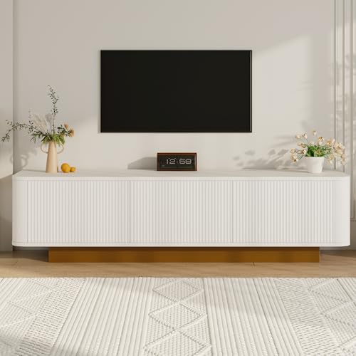 Modernes TV-Lowboard mit Stauraum – Abgerundetes Design, Kabelmanagement, Texturfront, Weiß – MDF Medienkonsole Wohnzimmer von Gelukueub