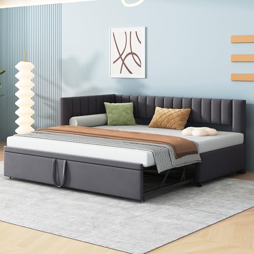 Multifunktionales L-förmiges Schlafsofa mit Ausziehbett 90/180 * 200cm, Polsterbett in Samtstoff, platzsparendes Design für Kinderbett, Gästebett (Gray2 + Upholstered + 90cm*200cm) von Gelukueub
