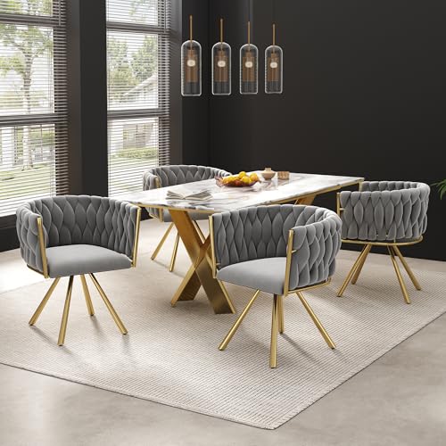 Samt-Esszimmerstuhl, 4er Set, einzelner Heller Luxus-Wohnzimmer-Schlafzimmer-Drehstuhl, Freizeit-Drehstuhl mit Vier Stützbeinen aus Metall (Gold,Grey) von Gelukueub