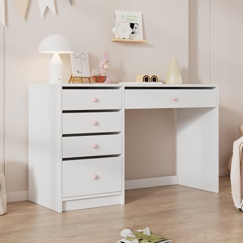 Schreibtisch, Schlichter Kinderschreibtisch, Zeitloser Computertisch/Dressingtable, mit 5 Aufbewahrungsschubläden, rosa Keramikgriffen, für jedes Alter geeignet, weiß, 120×45×74 cm von Gelukueub