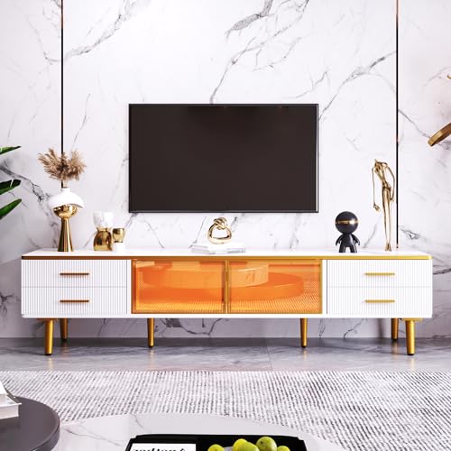 TV Schrank in Mamoroptik, Fernsehschrank mit 4 Füßen, 4 Strukturierte Schubladen mit Goldenen Griffen und zwei Braune Türen aus Gehärtetem Glas, Modernes TV-Lowboard für Wohnzimmer, 170*37*47,5cm. von Gelukueub