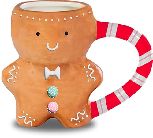 Gem Imports Lebkuchenmann-Keramiktasse – weihnachtliche Neuheit geformte Tasse mit Zuckerstangengriff – festliche heiße Schokolade & Kaffeetasse von Gem Imports
