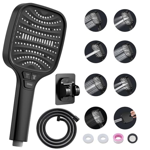 Duschkopf mit Schlauch und Wandhalterung – 8-stufige Duschbrause mit 4 Tasten, Hochdruck Handbrause in Schwarz – Leistungsstarker Regendusche Duschkopf Set, Antikalk Brausekopf Dusche jian von Gemdoit