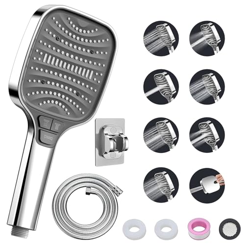 Verchromter Duschkopf mit Schlauch und Wandhalterung – 4-Tasten Handbrause mit 8 Strahlarten, Glänzendes Regendusche Duschkopf Set mit Hochdruck, Antikalk Brausekopf Dusche für Bad von Gemdoit