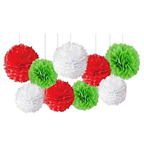 Geminimall 9 Stück gemischte Pompons aus Seidenpapier mit Blumen, handgefertigt, für Babyparty, Weihnachten, Geburtstag, Hochzeit, Party, Dekoration, Kugeln, rot, weiß, grün von Geminimall