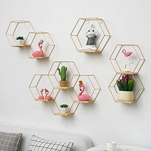 Hexagon Wandregal modern aus- Holz und schwarzem Metall, Gewürzregal im Industrie Design, Küchenregal, Wanddeko, Hängeregal, Wandboard freischwebend, Schweberegal Gold 24 x 9.5 x 20.5 cm von Geminimall