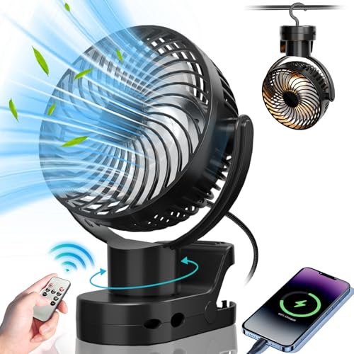 Gemmac Clip Ventilator Camping, 8000mAh Tragbarer Ventilator Leise mit Powerbank Batterie, 720° Deckenventilator mit Beleuchtung, Fernbedienung 4 Geschwindigkeiten USB Tischventilator für Kinderwagen von Gemmac