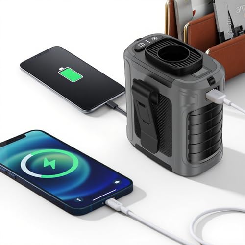 Gemmac Tragbarer Ventilator mit LED-Display, 5 Geschwindigkeitsstufen + Rotes/grünes Licht, 10000-mAh-Powerbank-Akku, Beleuchtung, Clip/Hüftgurt/Umhängegurt/Ständer für Radfahren/Büro/Outdoor/Strand von Gemmac