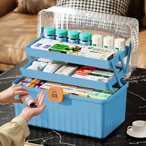 Gemsaya 3-Regal Medikamenten Aufbewahrung, Hausapotheke Box Mit Griff, Groß Medizinbox Kunststoff mit Deckel, Medikamentenkoffer AbschließBar Medikamentenbox für Zuhause Büro Außenbereich, Blau von Gemsaya