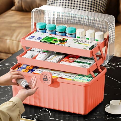 Gemsaya 3-Regal Medikamenten Aufbewahrung, Hausapotheke Box Mit Griff, Groß Medizinbox Kunststoff mit Deckel, Medikamentenkoffer AbschließBar Medikamentenbox für Zuhause Büro Außenbereich, Rosa von Gemsaya