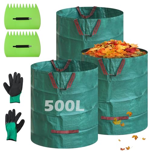 Gemsaya 3x 500L Grünschnittsäcke, Groß Gartensack Laubharke mit Laubharke & Handschuhe, 500L Faltbar Garten Laubsäcke Grünschnittsack für Gras Laub Hecke Gartenabfall, Polypropylen 150GSM von Gemsaya