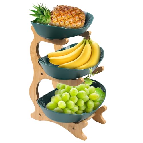 Gemsaya Obst Etagere mit 3 Etagen, Obstschalenständer 3 Stöckig Obstschale, Stabil & Ohne zu Zittern, Obstschale und Bambusständer für Küchen Gemüse Obst Snacks Desserts (Grün) von Gemsaya