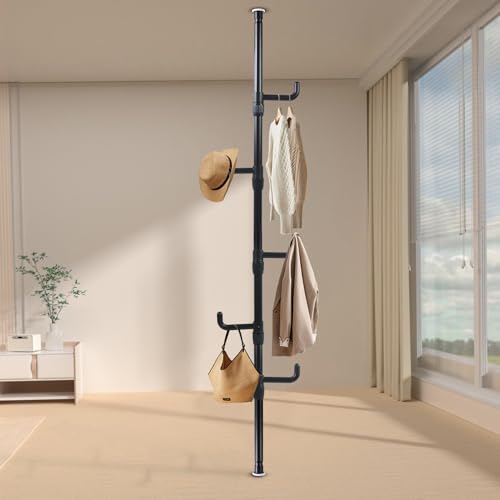 Gemsaya Teleskop kleiderständer mit 5 Haken, Schwarz Garderobenständer Ausziehbar 110-310cm, Kleiderstange Decke Ohne Bohren für Flur Schlafzimmer Wohnzimmer Büro Kleidung Hüte Taschen von Gemsaya