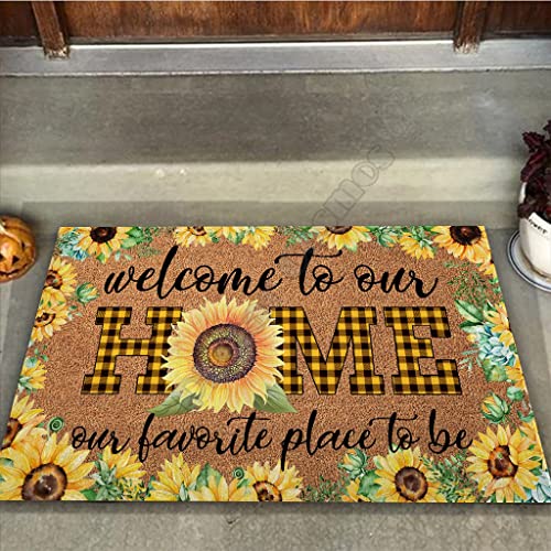 Hauseingangs-Fußmatte Willkommen in unserem Zuhause – Sonnenblumen-Kokos-Muster-Fußmatte 3D-gedruckte rutschfeste Tür-Fußmatten schmücken 16"x24" von Genan Trading