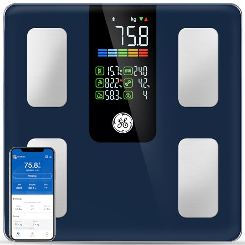 GE Körperfettwaage Perensonwaage Digital Körperanalysewaage: Waage mit Körperfett und Muskelmasse bis 220 kg Bluetooth Körperwaage mit App von GE