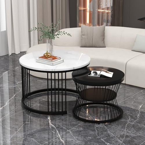 (original SKU=WF300417BAA) Moderner Nesting-Couchtisch, Couchtisch-Set, Hochglanz-Tischplatte, marmoriert, Sofa-Beistelltisch, runder Nesting-Couchtisch, 2er-Set, schwarzer Rahmen von Generic