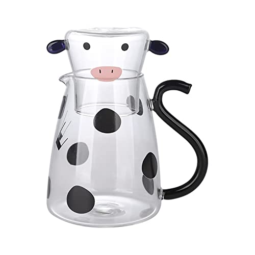 1 Set Kuh Glas Karaffe Krug mit Glasbecher, süße Kuh kalte Saftkrug, Cartoon Kuh Form 550 ml Glaskrüge für Mitternacht Getränke, Nachttisch Wasserkaraffe für Saft, Kaffee, Milch von Generic