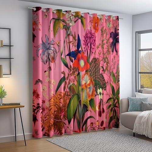 100% Verdunkelungsvorhänge Gardinen H 245 x B 100 cm (2er Pack) Retro Tropische Pflanzen Und Blumen Bedruckt Thermovorhang Vorhang Blickdicht Wohnzimmer mit ösen Verdunkelung, Rosa Grün von Generic