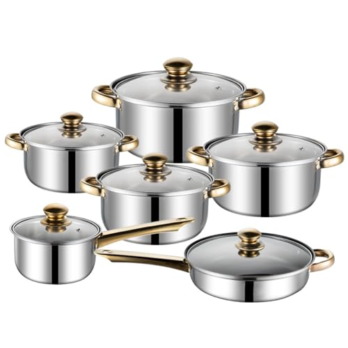 12 Stück Edelstahl Kochgeschirr Set, Küche Abnehmbarer Griff Töpfe und Pfannen Set, Bratpfannen Töpfe mit Deckel, Goldene Griffe, Für Alle Herde (12pcs) von Generic