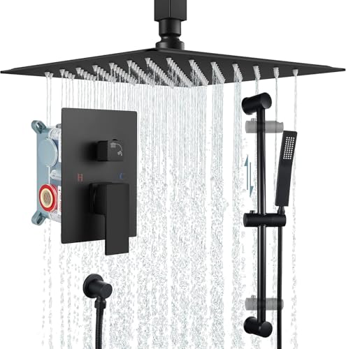 12 Zoll Mattschwarz Deckenhalterung Duschsystem Regenduschkopf Mit Schiebestange Handheld Spray Luxus Hochdruckdusche Combo Set, Matte Black, Handheld Spray with Slid Bar 12 Zoll Mattschwarz Deckenhalterung Duschsystem Regenduschkopf Mit Schiebestange Handheld Spray Luxus Hochdruckdusche Combo Set, Matte Black, Handheld Spray with Slid Bar von Generic