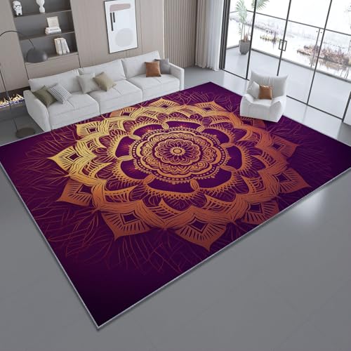 120 x 170 cm Teppich Wohnzimmer Traditionell Pflanzen Mandala Blumen Bedruckter Thema Teppich, Gold Lila Teppiche Waschbar Rutschfester Kurzflor für Schlafzimmer Esszimmer Eingang Flur Korridor von Generic