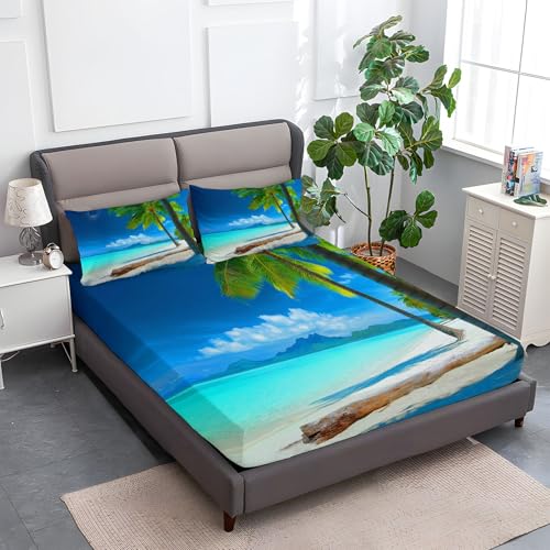 140 x 200 cm Kinder Spannbettlaken, Natürlicher Tropischer Strand Mit Palmen Weiche Atmungsaktiv Microfaser Druck Spannbetttuch Himmelblau für BO x springbett, Matratze bis 30 cm höhe 140 x 200 cm Kinder Spannbettlaken, Natürlicher Tropischer Strand Mit Palmen Weiche Atmungsaktiv Microfaser Druck Spannbetttuch Himmelblau für BO x springbett, Matratze bis 30 cm höhe von Generic