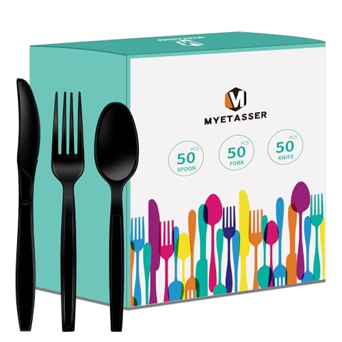 150 Stück Plastikbesteck, Strapazierfähiges Besteck Set aus Kunststoff, Wiederverwendbar, Partyutensilien, Familienfeiern, schwarz 1 von Myetasser