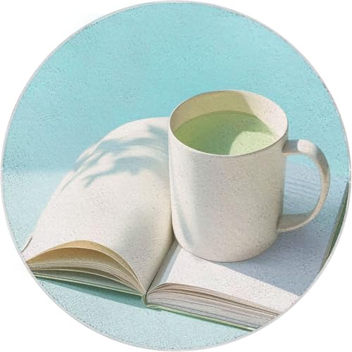 150 cm Teppich Rund, Minimal Notizbuch Wasserbecher Bedruckter Teppich Waschbarer Weicher Wohnzimmerteppich Extra für Schlafzimmer Esszimmer Studie Kinderzimmer, Cyan Creme von Generic