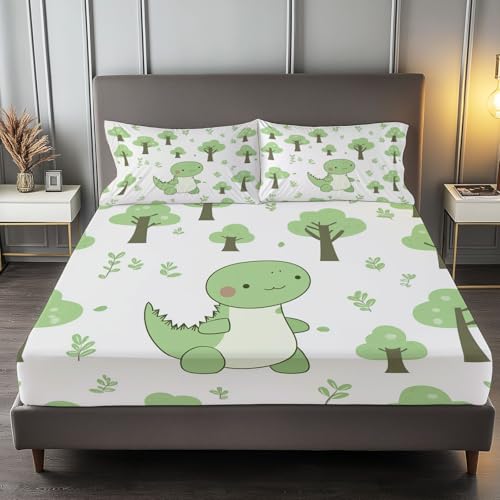 160 x 200 cm Spannbettlaken Set Grün, Cartoon-Dinosaurierbäume Mikrofaser Bettwäsche, Weiches Spannleintuch 2 Kissenbezüge, Pflegeleichtes Bettwäsche Set für Boxspringbett und Topper von Generic